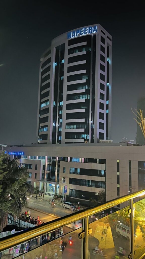 Mapeera House Kampala - iconic blue glass skyscraper the headquarters of Centenary Bank.