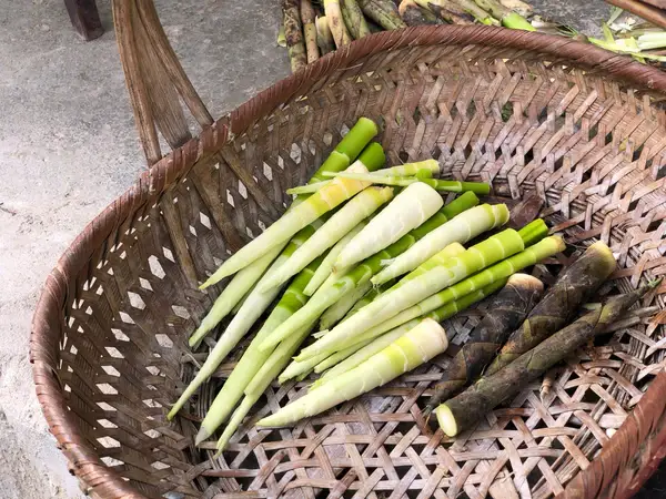 On the right is a bundle of raw bamboo shoots harvested from the mountain forests of Eastern Uganda.