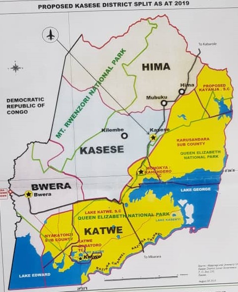 A  map showing Kasese District's location in Western Uganda, highlighting its proximity to the DRC border and Queen Elizabeth National Park.