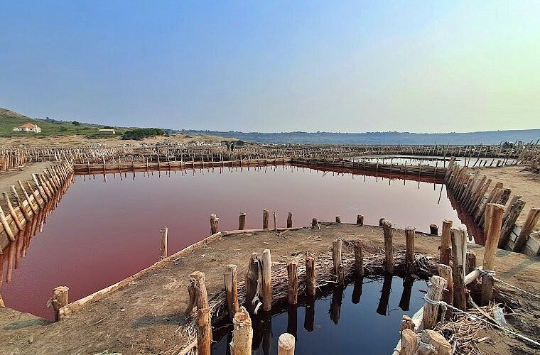 A view of the geometric salt evaporation plots at the edge of Lake Katwe crater