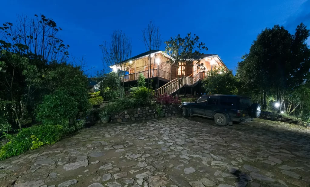 Bwindi Orugano Lodge illuminated at twilight featuring rustic log cabins stone pathways and private verandas on the forest edge