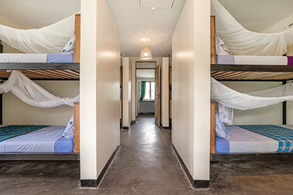 Symmetrical wooden bunk beds with blue linens and white mosquito netting in a bright, modern dormitory at Adrift River Club.