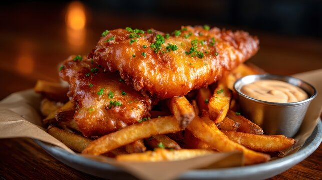 A close-up, high-end food shot of crispy battered fish fillets stacked on a bed of golden fries, served with a side of creamy dipping sauce on a rustic plate.