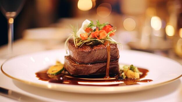 Lemala Wild Waters Lodge Jinja: The Ultimate Private Island Retreat. A gourmet plated steak dinner with fresh microgreens and rich reduction sauce at Lemala Wild Waters Lodge Jinja, showcasing the fine dining experience at this luxury Uganda retreat.