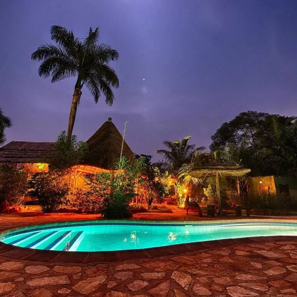 The glowing swimming pool at night surrounded by a stone terrace, tall palms, and illuminated thatched gazebos at Afro Smiles Hotel & Guest House.