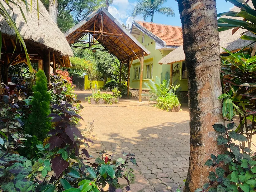 The paved courtyard and shaded wooden walkways flanked by rich tropical plants and traditional thatched roofs at Afro Smiles Hotel & Guest House.