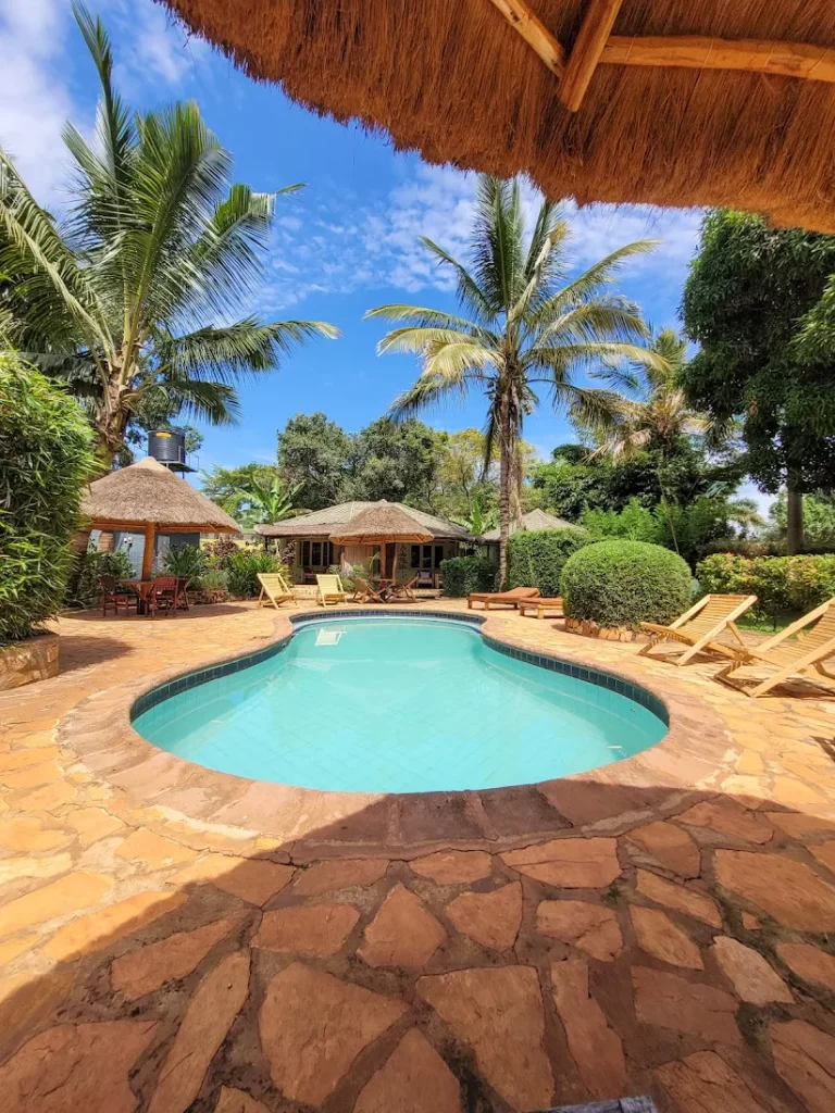 A daytime view of the kidney-shaped swimming pool, stone terrace, wooden sun loungers, and thatched umbrellas under a blue sky at Afro Smiles Hotel & Guest House.