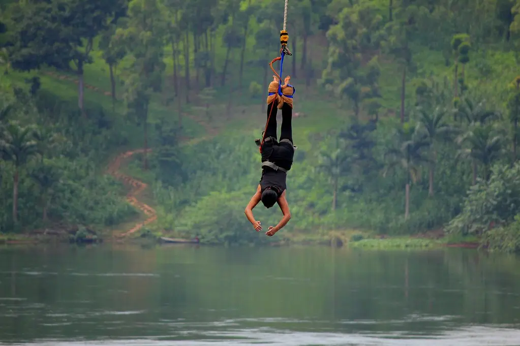 A person hanging upside down in a harness after a bungee jump over the green waters of the River Nile surrounded by lush jungle trees in Jinja Uganda.